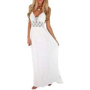 White Crochet Backless Bohemian Halter Maxi Long Dress